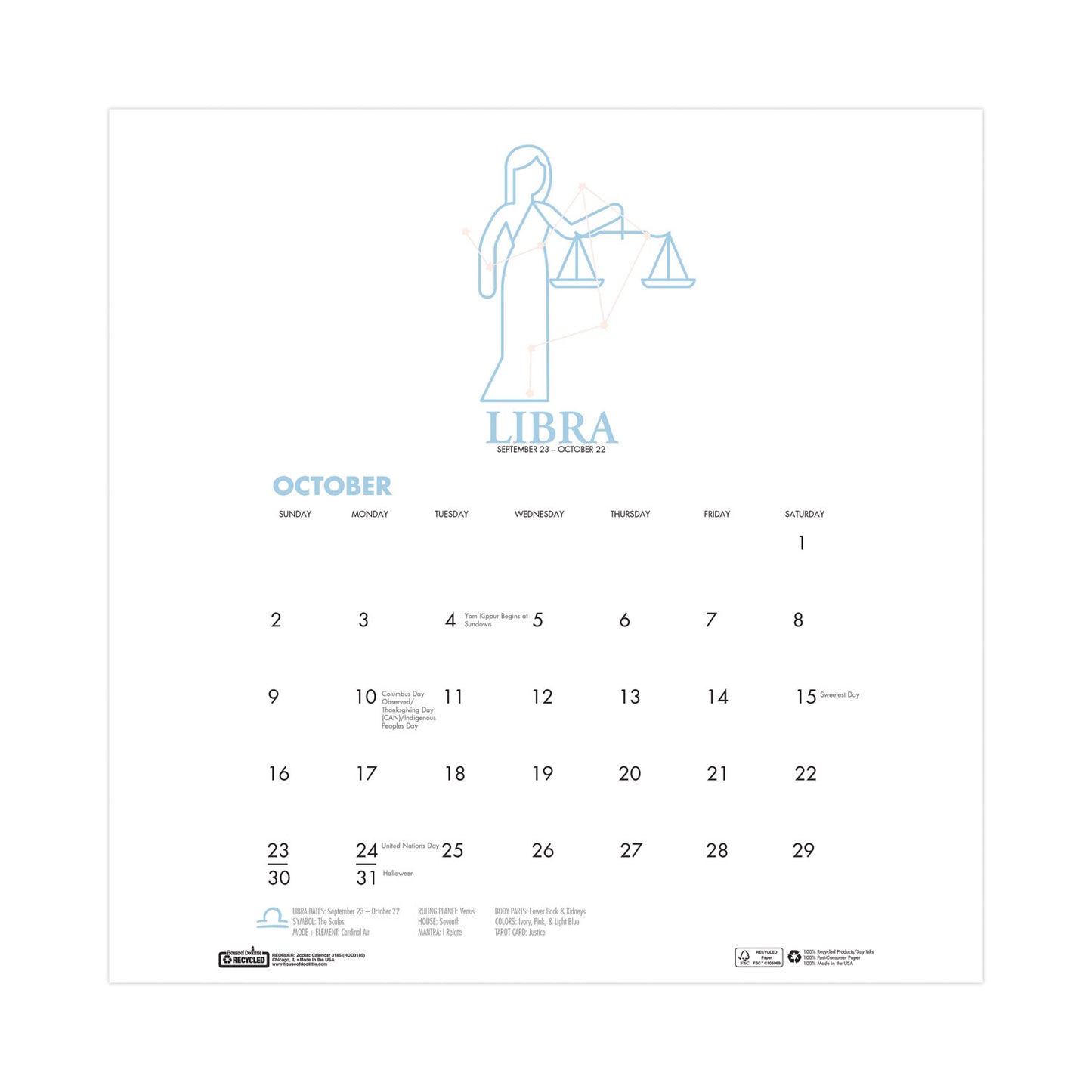House of Doolittle Recycled Academic Zodiac Wall Calendar, 11 x 14, Multicolor Sheets, 12-Month (Aug to July): 2024 to 2025 (3185)