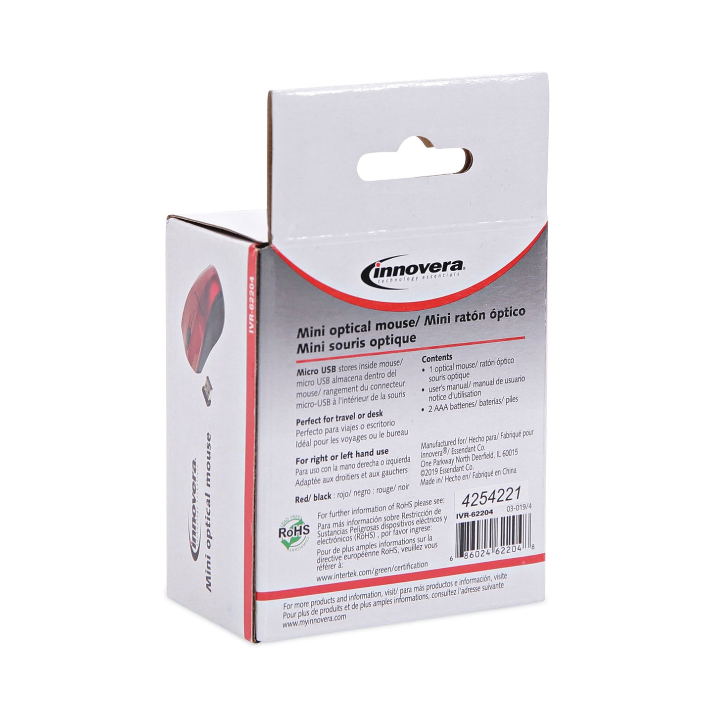 Innovera Mini Wireless Optical Mouse, 2.4 GHz Frequency/30 ft Wireless Range, Left/Right Hand Use, Red/Black (62204)