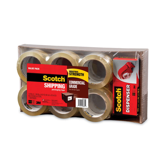 Scotch 3750 Commercial Grade Packaging Tape with DP300 Dispenser, 3" Core, 1.88" x 54.6 yds, Clear, 12/Pack (375012DP3)