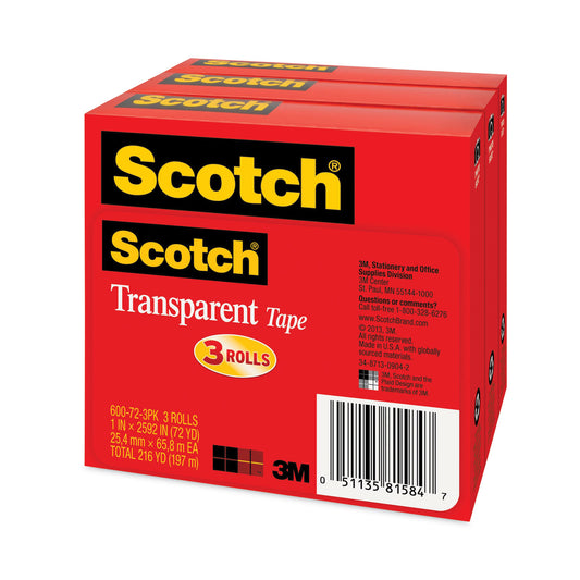 Scotch Transparent Tape, 3" Core, 1" x 72 yds, Transparent, 3/Pack (600723PK)
