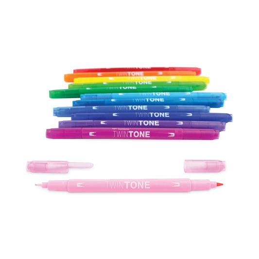 Tombow TwinTone Dual-Tip Markers, Extra-Fine/Broad Tips, Assorted Colors, Dozen (61526)