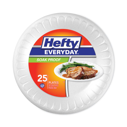 Hefty Soak Proof Tableware, Foam Plates, 10.25" dia, White, 25/Pack, 10 Packs/Carton (D21029CT)