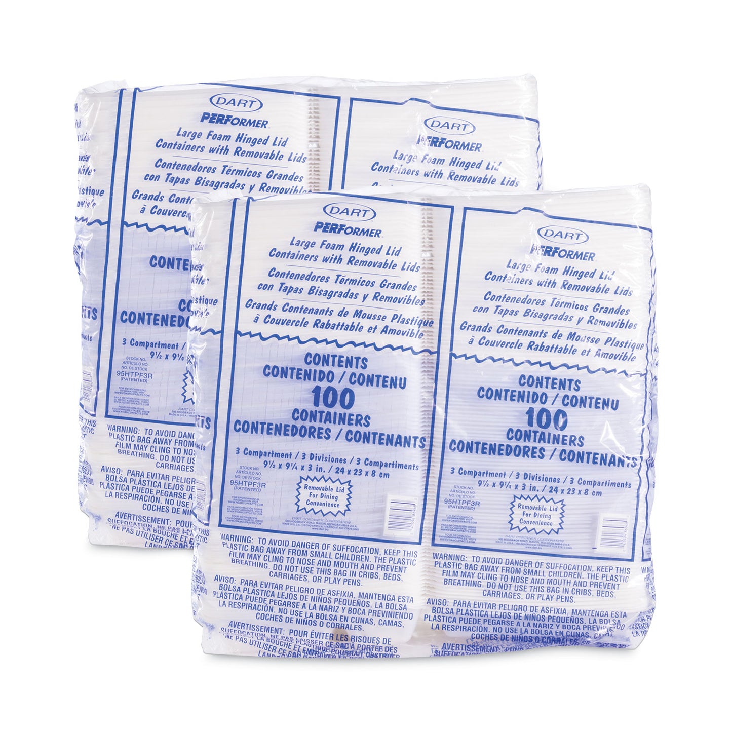 Dart Foam Hinged Lid Container, 3-Compartment, 9.3 x 9.5 x 3, White, 100/Bag, 2 Bag/Carton (95HTPF3R)