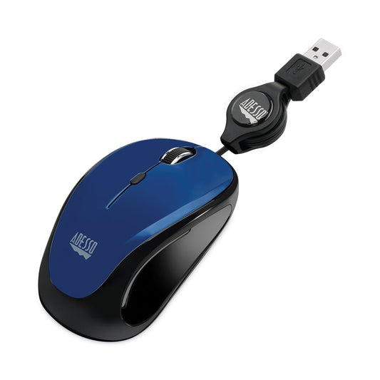 Adesso Illuminated Retractable Mouse, USB 2.0, Left/Right Hand Use, Dark Blue (IMOUSES8L)