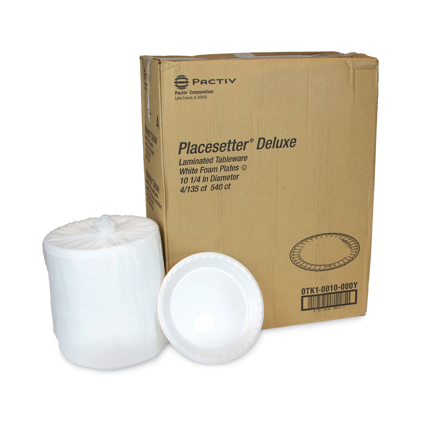 Pactiv Placesetter Deluxe Laminated Foam Dinnerware, Plate, 10.25" dia, White, 540/Carton (0TK10010000Y)