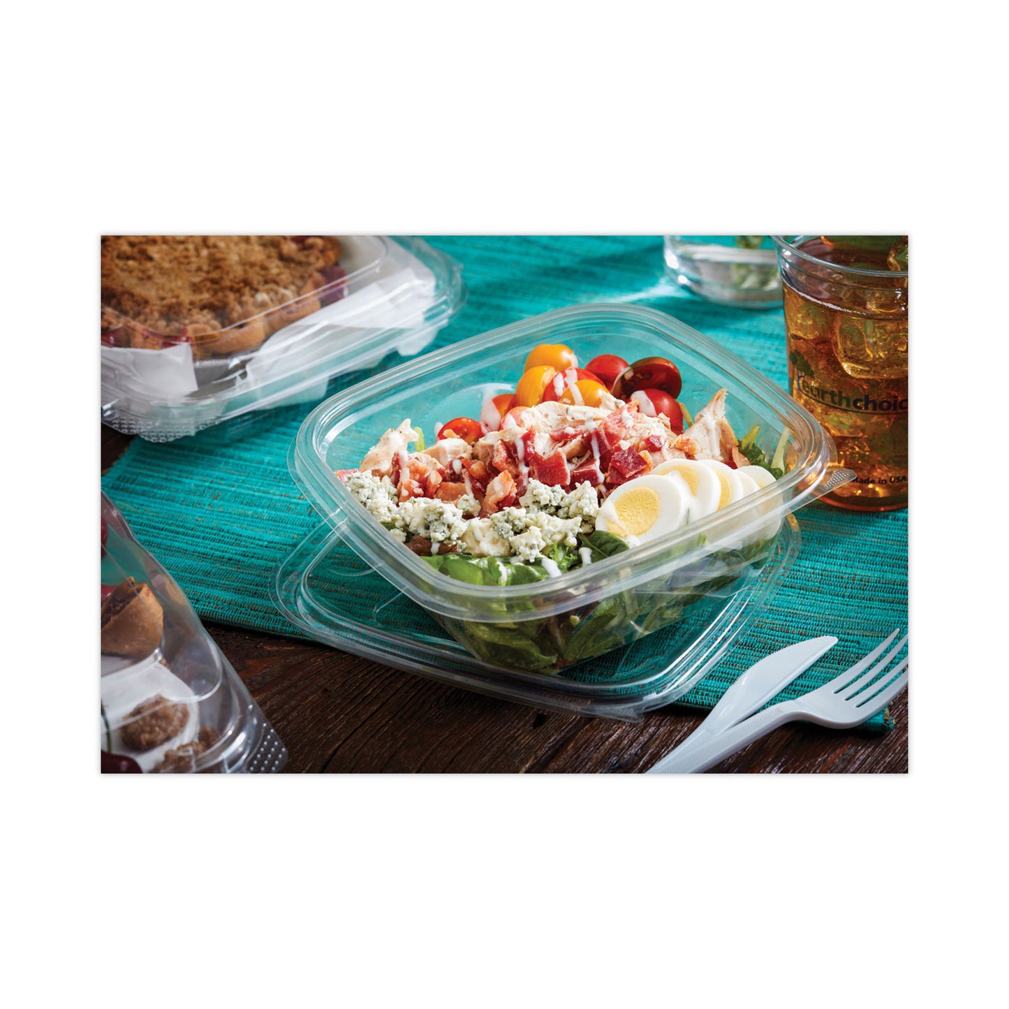 Pactiv EarthChoice Recycled PET Container Lid, For 24-32 oz Container Bases, 7.38 x 7.38 x 0.82, Clear, Plastic, 300/Carton (SACLD07)