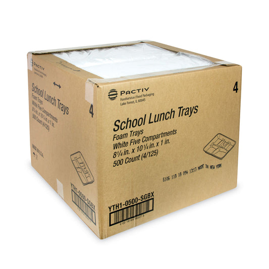 Pactiv Foam School Trays, 5-Compartment Tray, 8.25 x 10.5 x 1, White, 500/Carton (YTH10500SGBX)