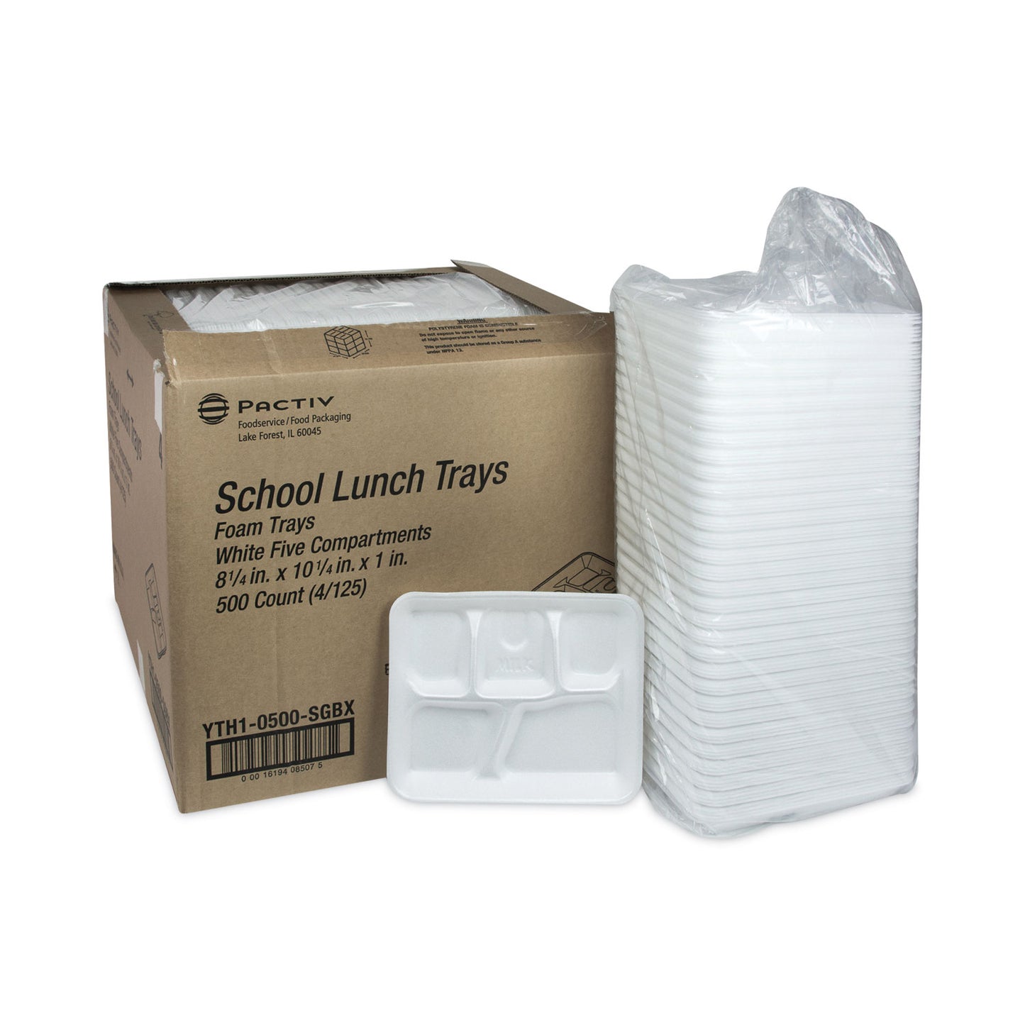 Pactiv Foam School Trays, 5-Compartment Tray, 8.25 x 10.5 x 1, White, 500/Carton (YTH10500SGBX)