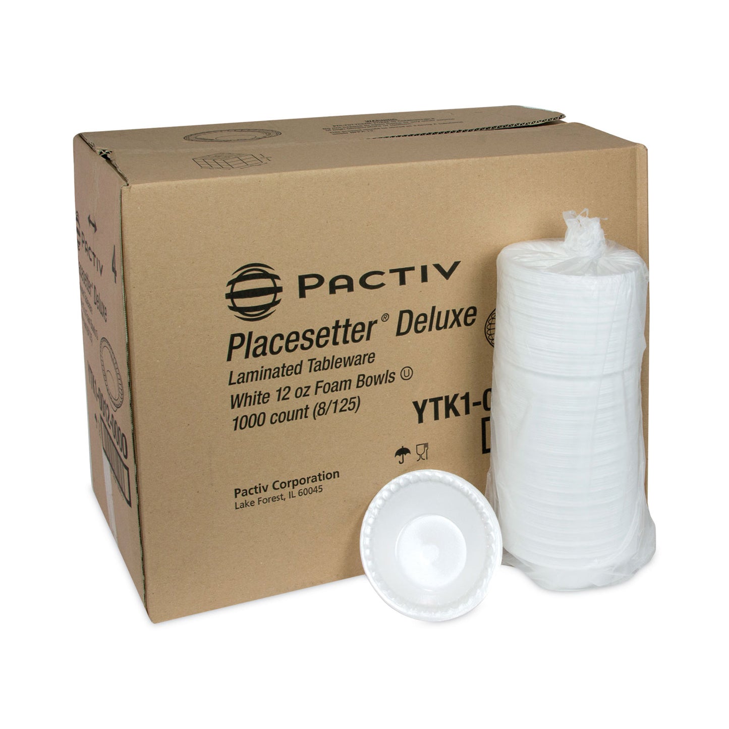 Pactiv Placesetter Deluxe Laminated Foam Dinnerware, Bowl, 12 oz, 6" dia, White, 1,000/Carton (YTK100120000)