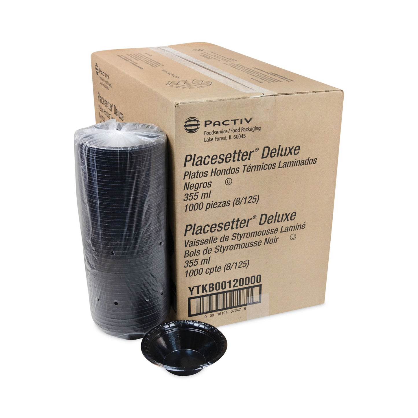 Pactiv Placesetter Deluxe Laminated Foam Dinnerware, Bowl, 12 oz, 6" dia, Black, 1,000/Carton (YTKB00120000)