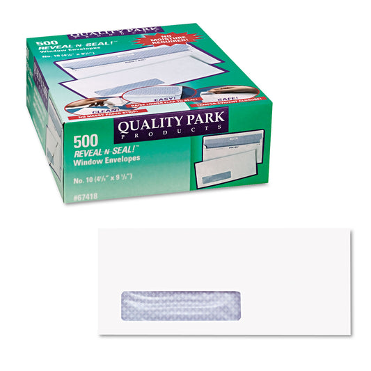 Quality Park Reveal-N-Seal Security-Tint Envelope, Address Window, #10, Commercial Flap, Self-Adhesive Closure, 4.13 x 9.5, White, 500/Box (67418)