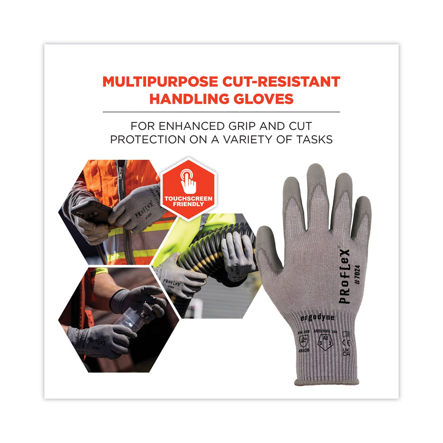 ergodyne ProFlex 7024 ANSI A2 PU Coated CR Gloves, Gray, X-Large, Pair (10405)