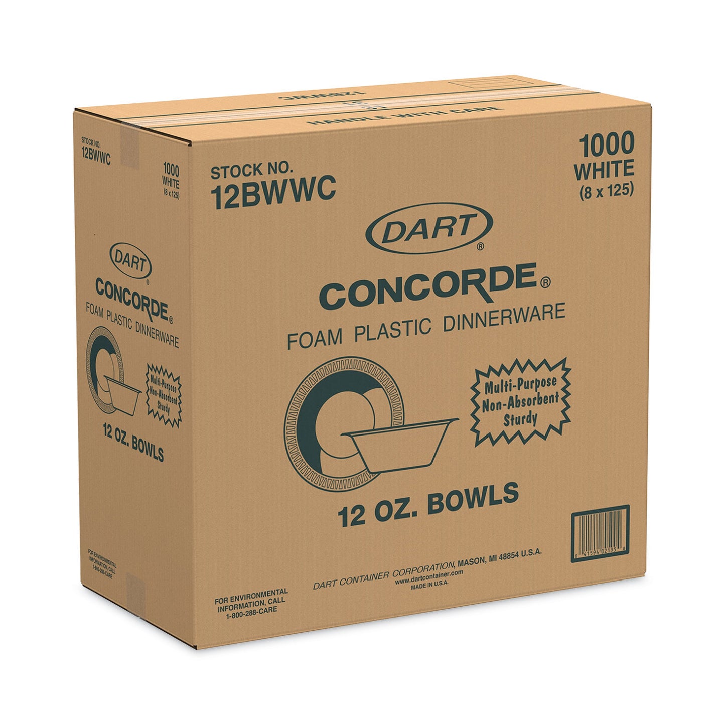 Dart Concorde Non-Laminated Foam Bowl, 12 oz, White, 125/Pack, 8 Packs/Carton (12BWWC)