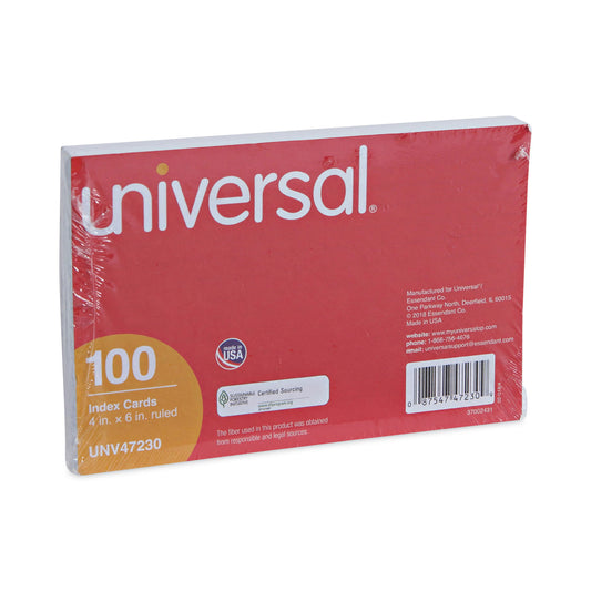 Universal Ruled Index Cards, 4 x 6, White, 100/Pack (47230)