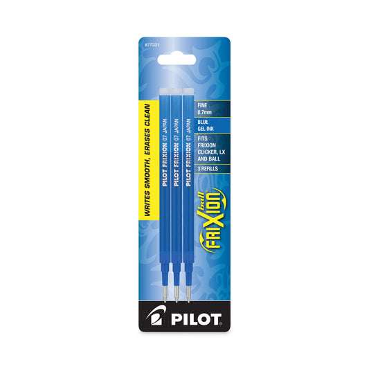 Refill for Pilot FriXion Erasable, FriXion Ball, FriXion Clicker and FriXion LX Gel Ink Pens, Fine Tip, Blue Ink, 3/Pack (77331)