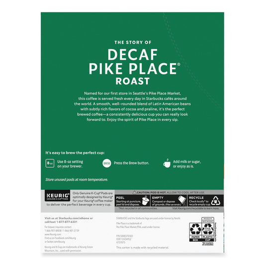 Starbucks Pike Place Decaf Coffee K-Cups, 96/Carton (011111161CT)