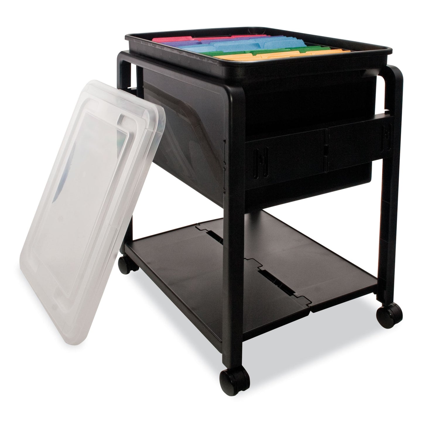 Advantus Folding Mobile File Cart, Plastic, 1 Shelf, 1 Bin, 14.5" x 18.5" x 21.75", Black (55758)