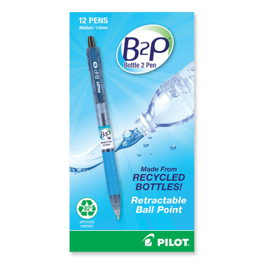 Pilot B2P Bottle-2-Pen Recycled Ballpoint Pen, Retractable, Medium 1 mm, Black Ink, Translucent Blue Barrel, Dozen (32800)