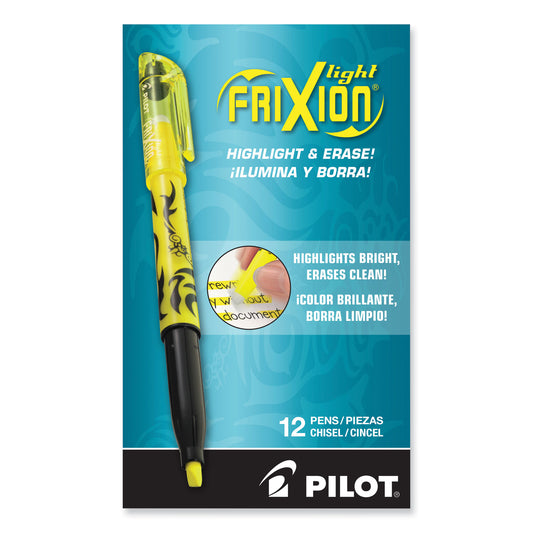 Pilot FriXion Light Erasable Highlighter, Yellow Ink, Chisel Tip, Yellow/Black Barrel, Dozen (46502)