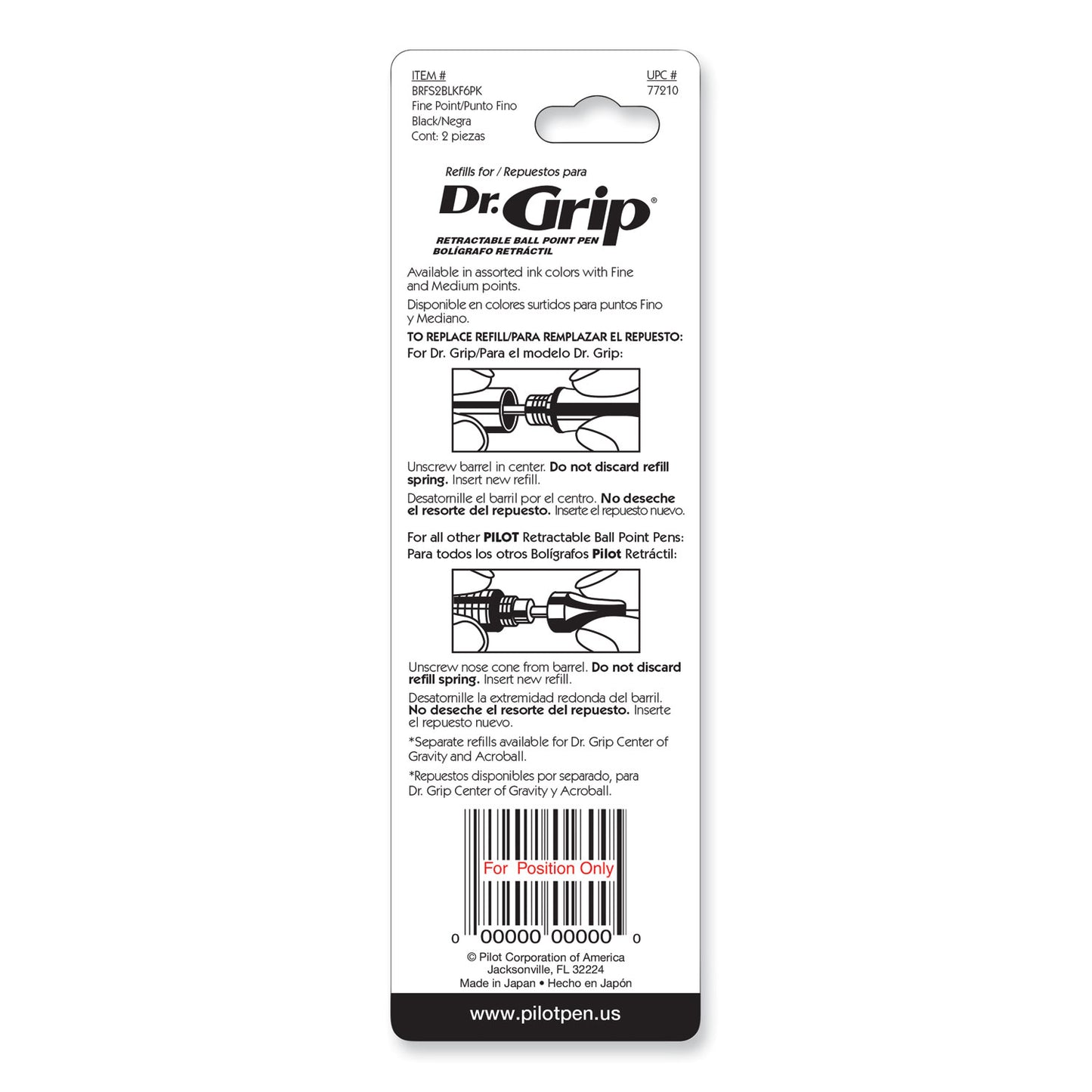 Pilot Refill for Dr. Grip, Easytouch, The Better, B2P and Rex Grip BeGreen Ballpoint Pens, Fine Conical Tip, Black Ink, 2/Pack (77210)