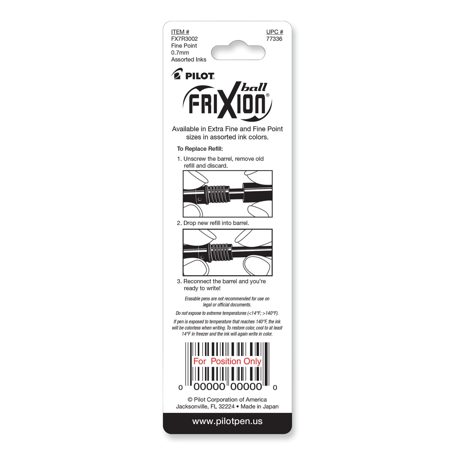 Refill for Pilot FriXion Erasable, FriXion Ball, FriXion Clicker and FriXion LX Gel Ink Pens, Fine Tip, Assorted Ink, 3/Pack (77336)