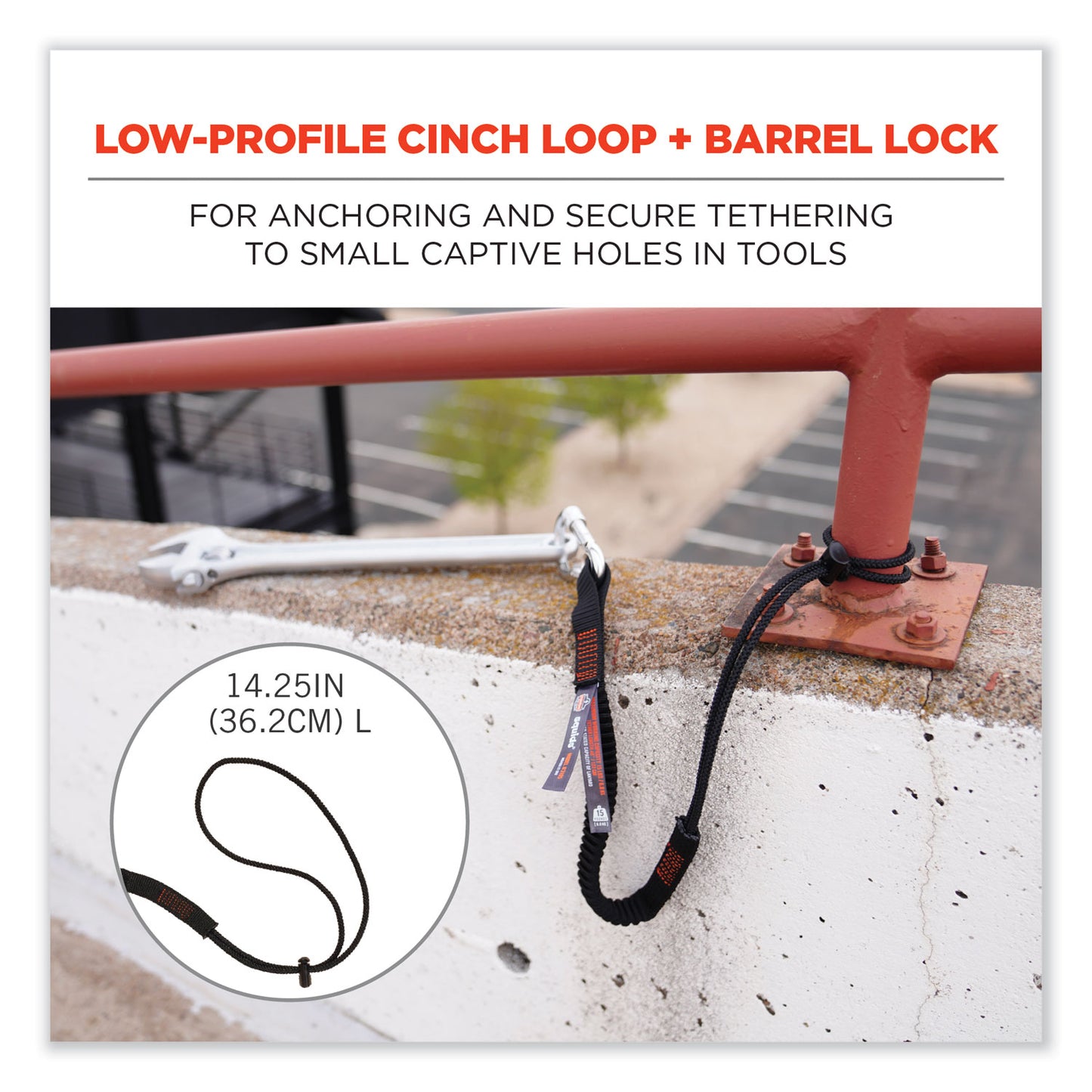 ergodyne Squids 3105 Tool Lanyard with Aluminum Carabiner + Cinch-Loop, 15 lb Max Working Capacity, 32" to 48" Long, Black, 10/Pack (19010)