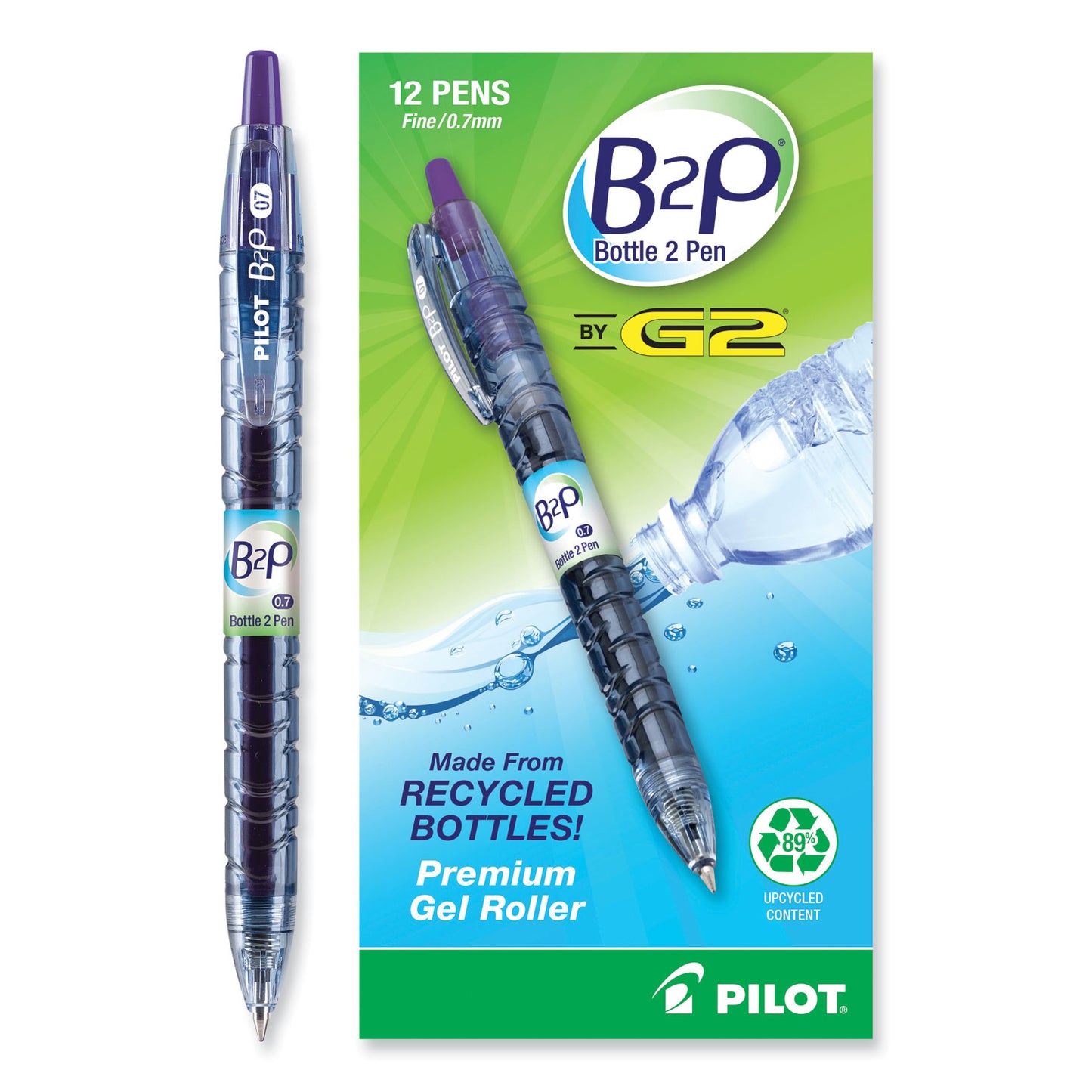 Pilot B2P Bottle-2-Pen Recycled Gel Pen, Retractable, Fine 0.7 mm, Purple Ink, Translucent Blue Barrel (31622)