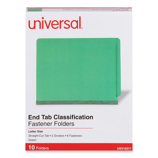 Universal Deluxe Six-Section Pressboard End Tab Classification Folders, 2 Dividers, 6 Fasteners, Letter Size, Green, 10/Box (10317)