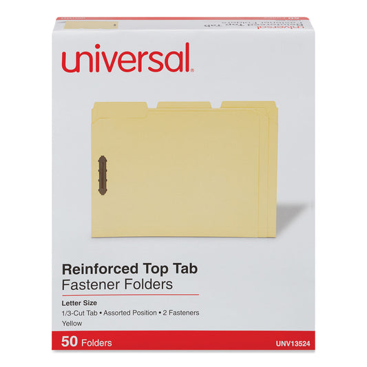 Universal Deluxe Reinforced Top Tab Fastener Folders, 0.75" Expansion, 2 Fasteners, Letter Size, Yellow Exterior, 50/Box (13524)