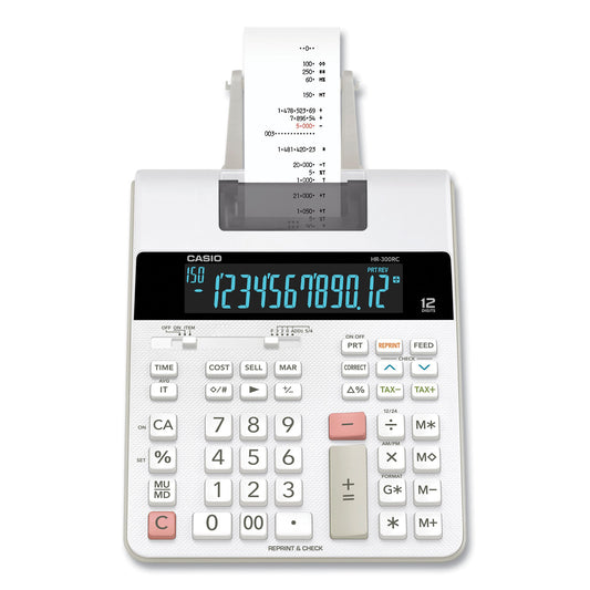 Casio HR-300RC 12-Digit Printing Calculator, Black/Red Print, 2 Lines/Second, White
