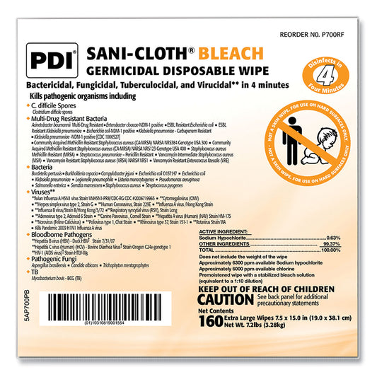 Sani-Cloth Bleach Germicidal Disposable Wipe Refill, 1-Ply, 7.5 x 15, Unscented, White, 160/Bag, 2 Bags/Carton (P700RF)