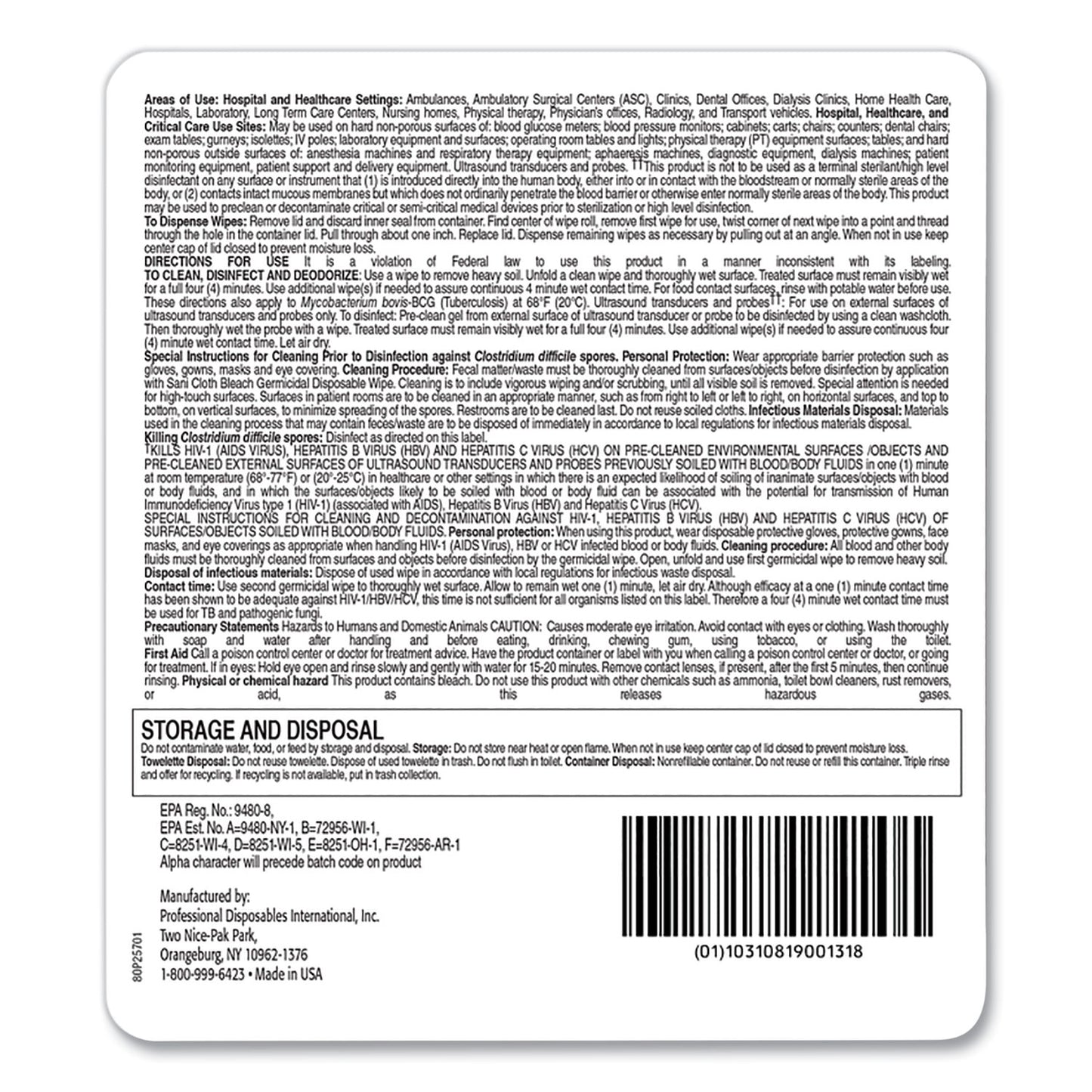 Sani-Cloth Bleach Germicidal Disposable Wipes, 1-Ply, 7.5 x 15, Unscented, White, 65/Pack (P25784)