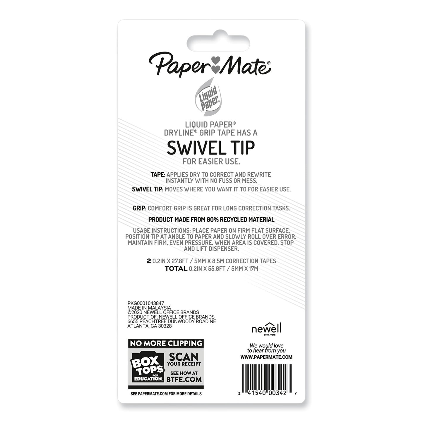 Paper Mate DryLine Grip Correction Tape, Recycled Dispenser, Green/White Applicator, 0.2" x 335", 2/Pack (1744480)