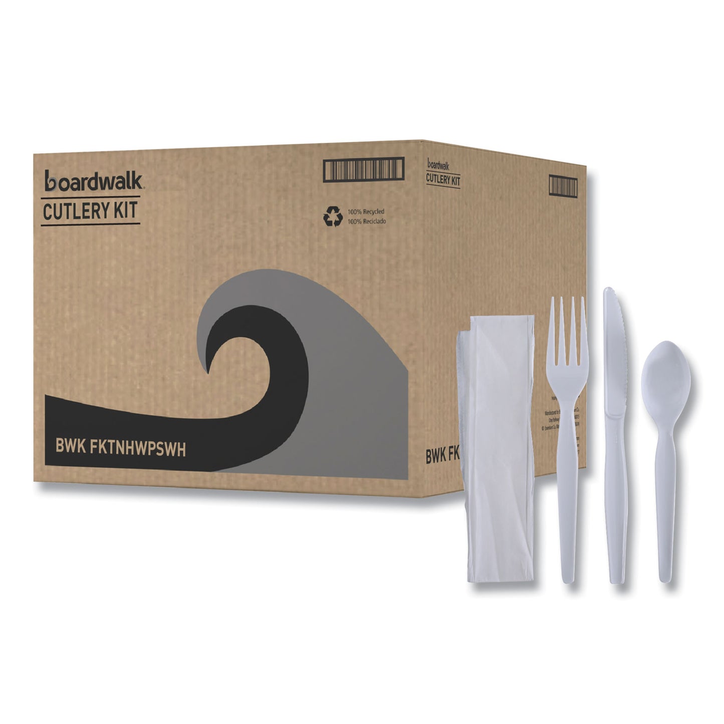 Boardwalk Four-Piece Cutlery Kit, Fork/Knife/Napkin/Teaspoon, Heavyweight, White, 250/Carton (FKTNHWPSWH)