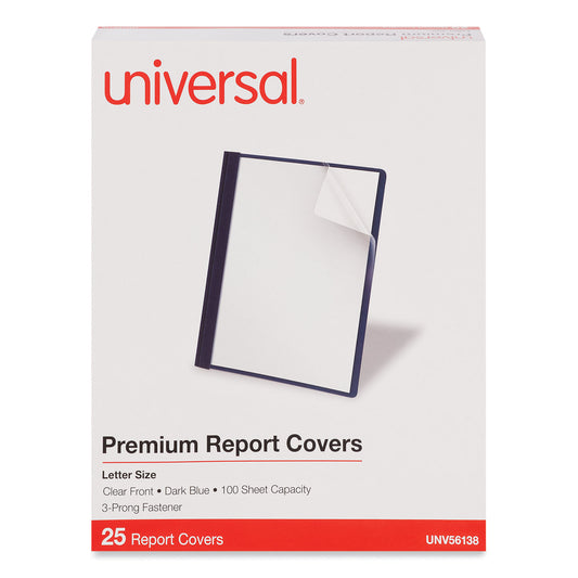 Universal Clear Front Report Covers with Fasteners, Three-Prong Fastener, 0.5" Capacity, 8.5 x 11, Clear/Dark Blue, 25/Box (56138)