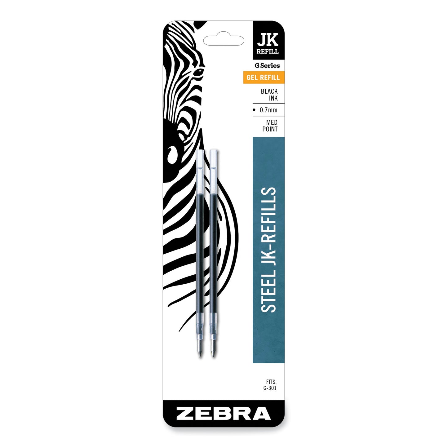 Refill for Zebra JK G-301 Gel Rollerball Pens, Medium Conical Tip, Black Ink, 2/Pack (88112)