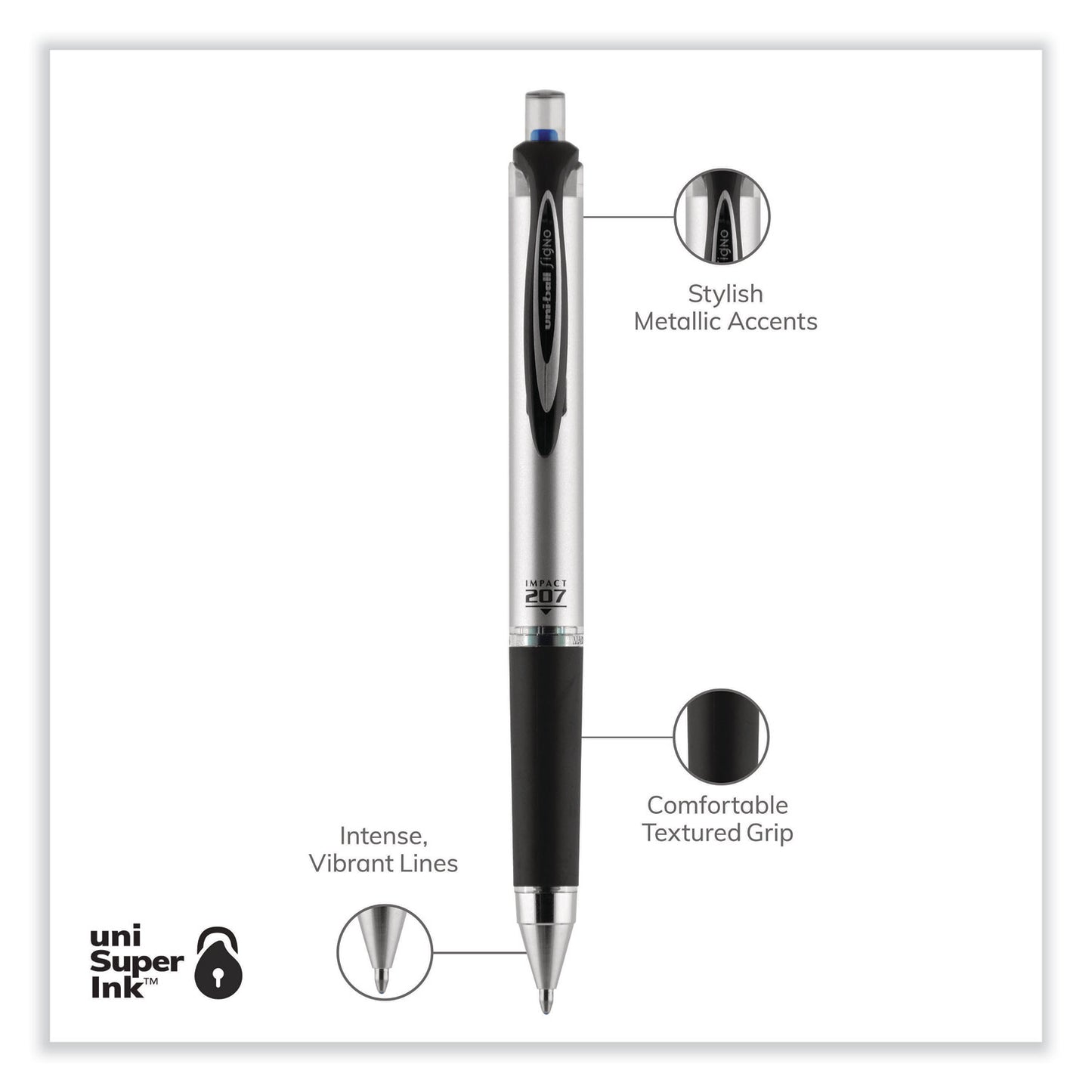 uni-ball 207 Impact RT Gel Retractable Pen Refills, Bold 1 mm Conical Tip, Blue Ink, 2/Pack (65874PP)