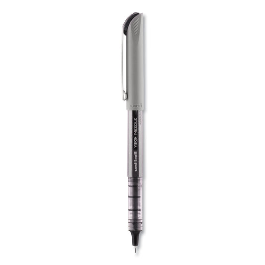 uni-ball VISION Needle Roller Ball Pen, Stick, Fine 0.7 mm, Black Ink, Gray/Clear/Black Barrel, Dozen (1734903)