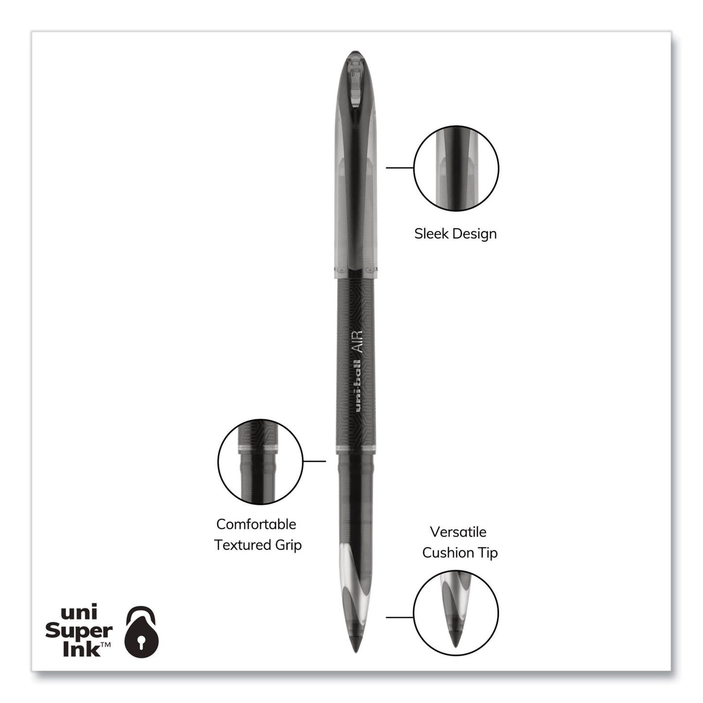 uni-ball AIR Porous Rollerball Pen, Medium 0.7 mm, Black Ink/Barrel, Dozen (1927631)