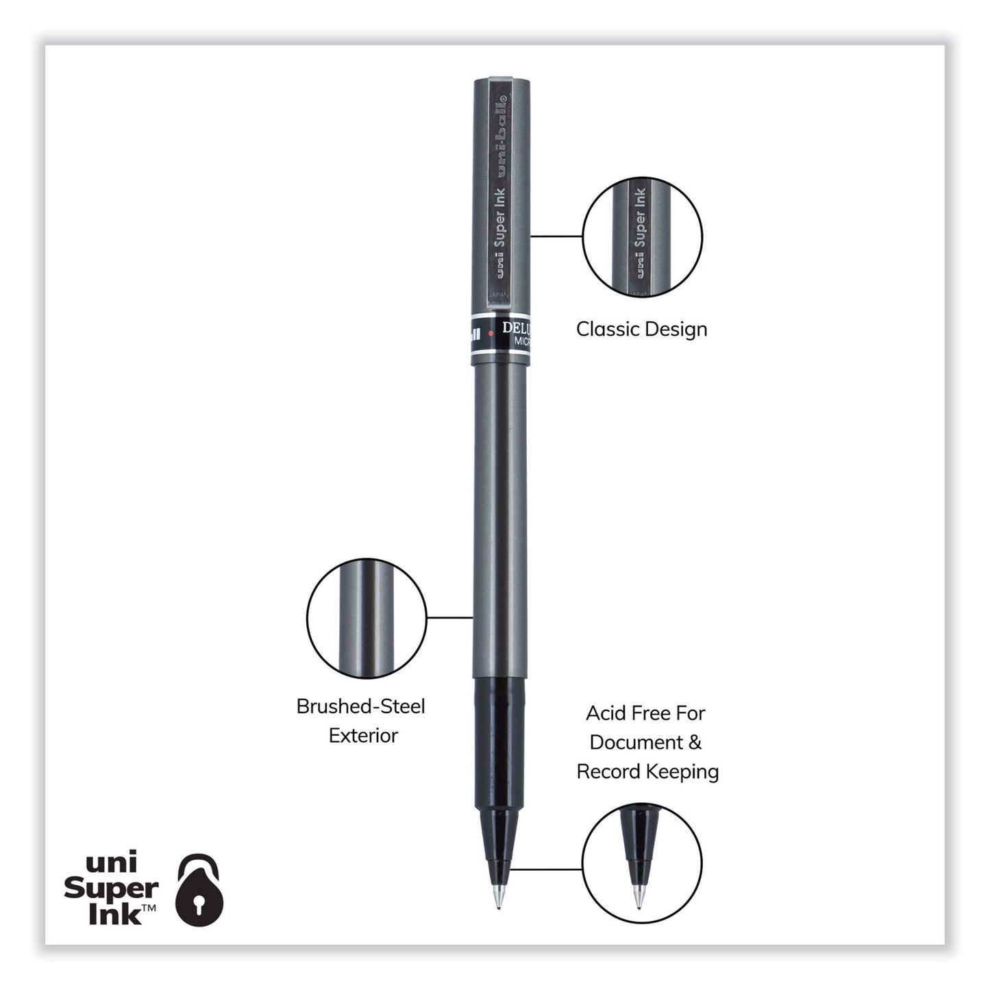 uni-ball Deluxe Roller Ball Pen, Stick, Extra-Fine 0.5 mm, Black Ink, Metallic Gray/Black Barrel, Dozen (60025)