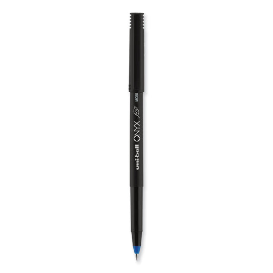 uni-ball ONYX Roller Ball Pen, Stick, Extra-Fine 0.5 mm, Blue Ink, Black/Blue Barrel, Dozen (60041)
