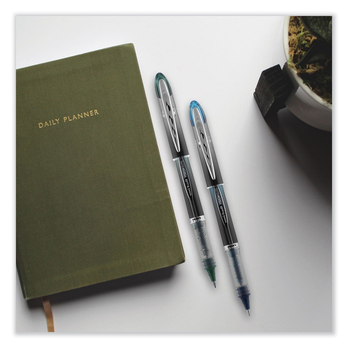 uni-ball VISION ELITE Hybrid Gel Pen, Stick, Bold 0.8 mm, Blue-Infused Black Ink, White/Blue/Clear Barrel (61232)