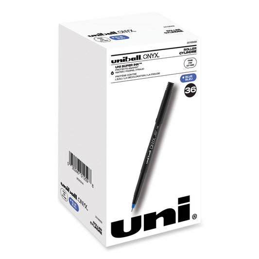 uni-ball ONYX Roller Ball Pen, Stick, Fine 0.7 mm, Blue Ink, Black/Blue Barrel, 72/Pack (2013568)