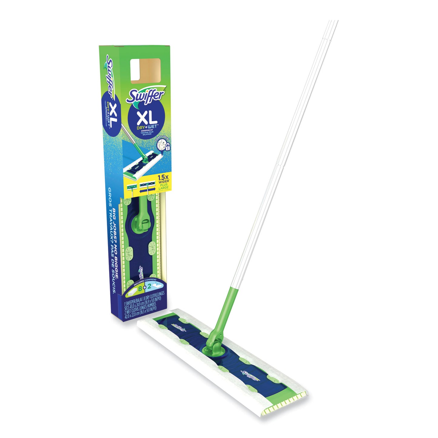 Swiffer Sweeper Mop, 16.5 x 9 White Cloth Head, 46" Green/Silver Aluminum/Plastic Handle (01096)