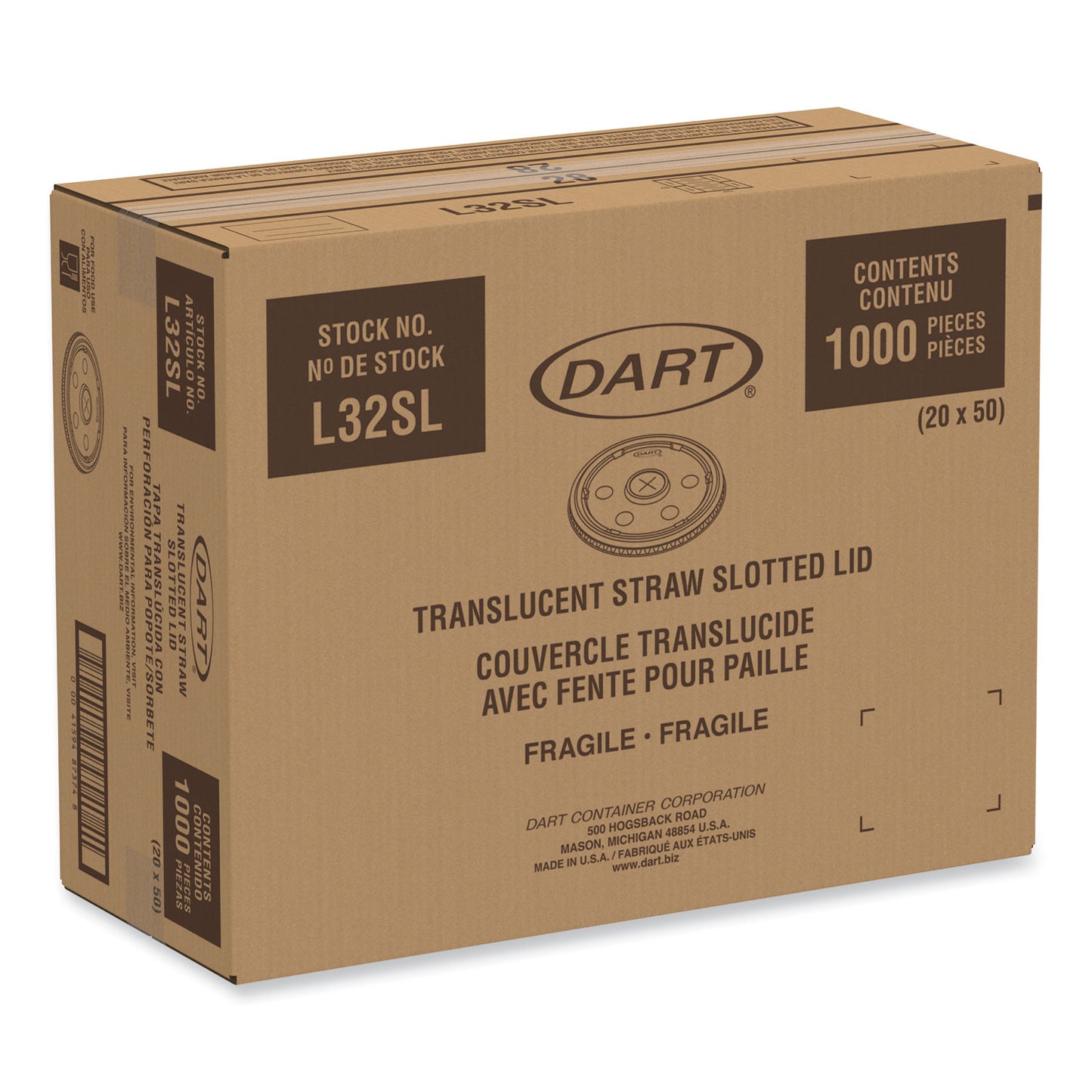 Dart Lids for Foam Cups and Containers, Fits 32 oz, 44 oz, 60 oz Cups, Translucent, 1,000/Carton (32SL1)