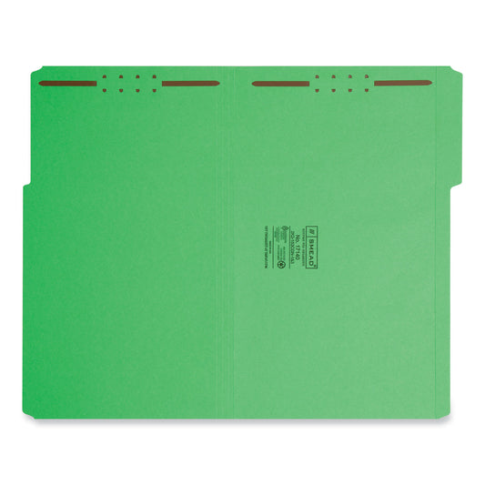 Smead Top Tab Colored Fastener Folders, 0.75" Expansion, 2 Fasteners, Legal Size, Green Exterior, 50/Box (17140)