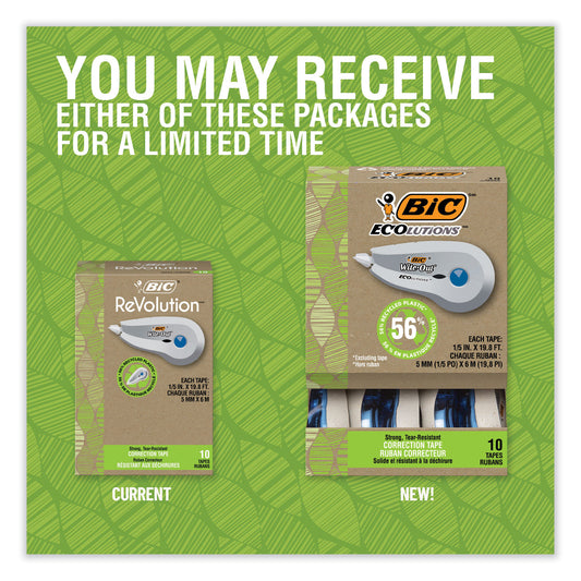 BIC Wite-Out Brand Ecolutions Correction Tape, Non-Refillable, White, 0.2" x 19.8 ft, 10/Pack (WOET10WHI)
