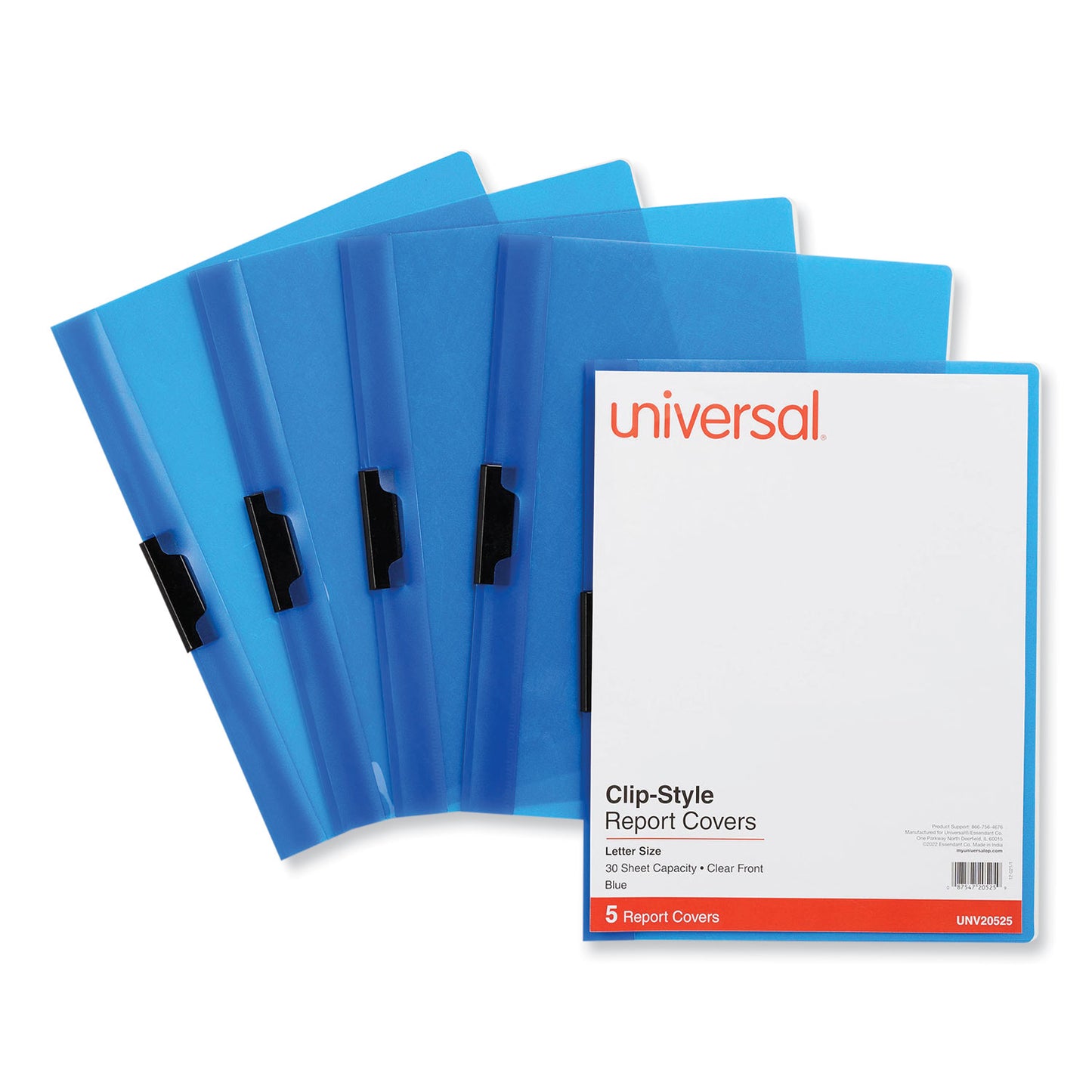 Universal Clip-Style Report Cover, Clip Fastener, 8.5 x 11, Clear/Blue, 5/Pack (20525)