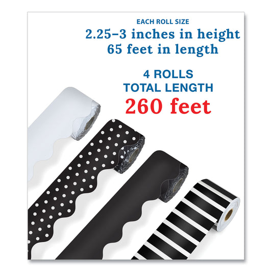Carson-Dellosa Rolled Scalloped Border Set, (2) Solid Colors, (1) Horizontal Stripes, (1) Polka Dots, 2.25" x 65 ft, Assorted Colors, 4/Set (145299)