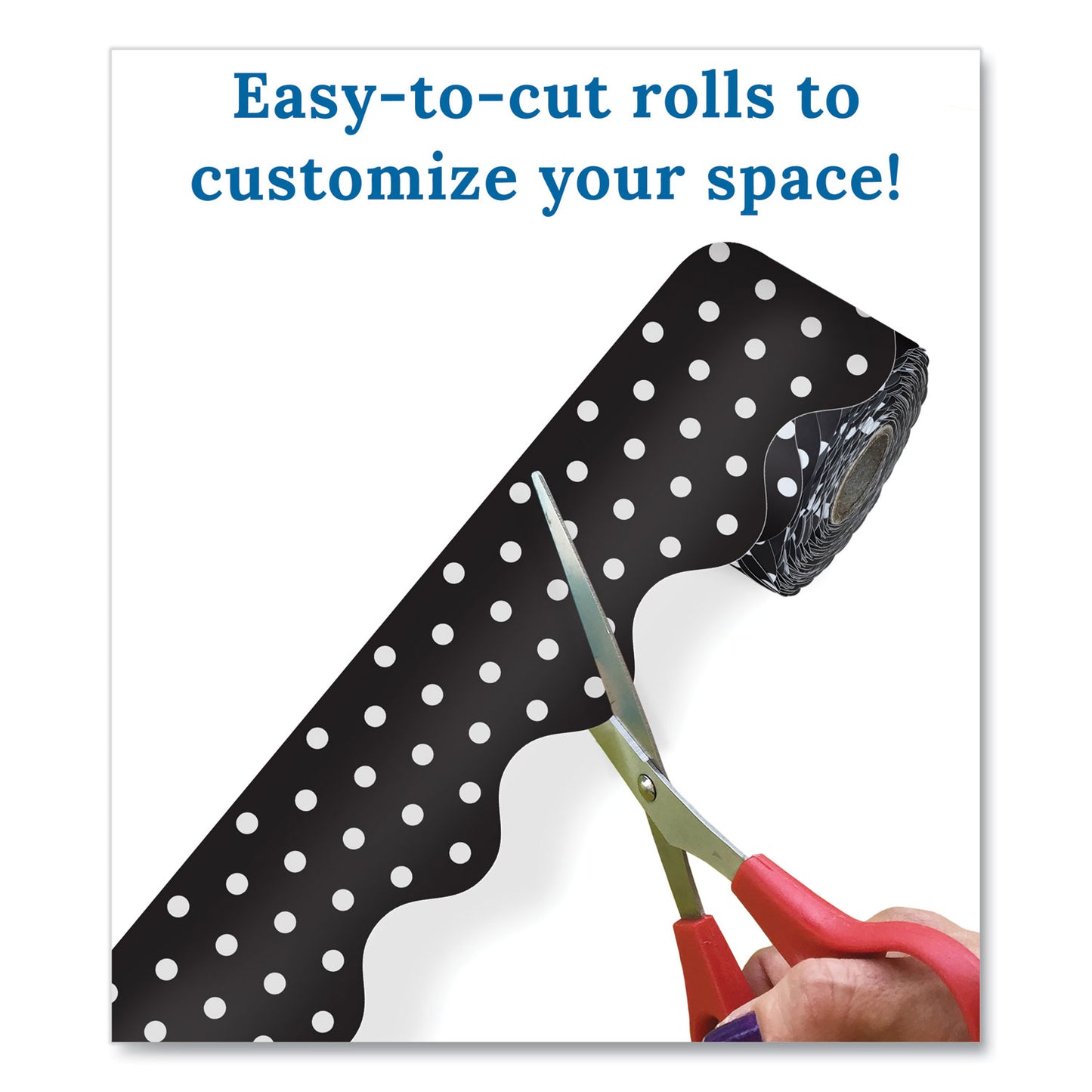 Carson-Dellosa Rolled Scalloped Border Set, (2) Solid Colors, (1) Horizontal Stripes, (1) Polka Dots, 2.25" x 65 ft, Assorted Colors, 4/Set (145299)